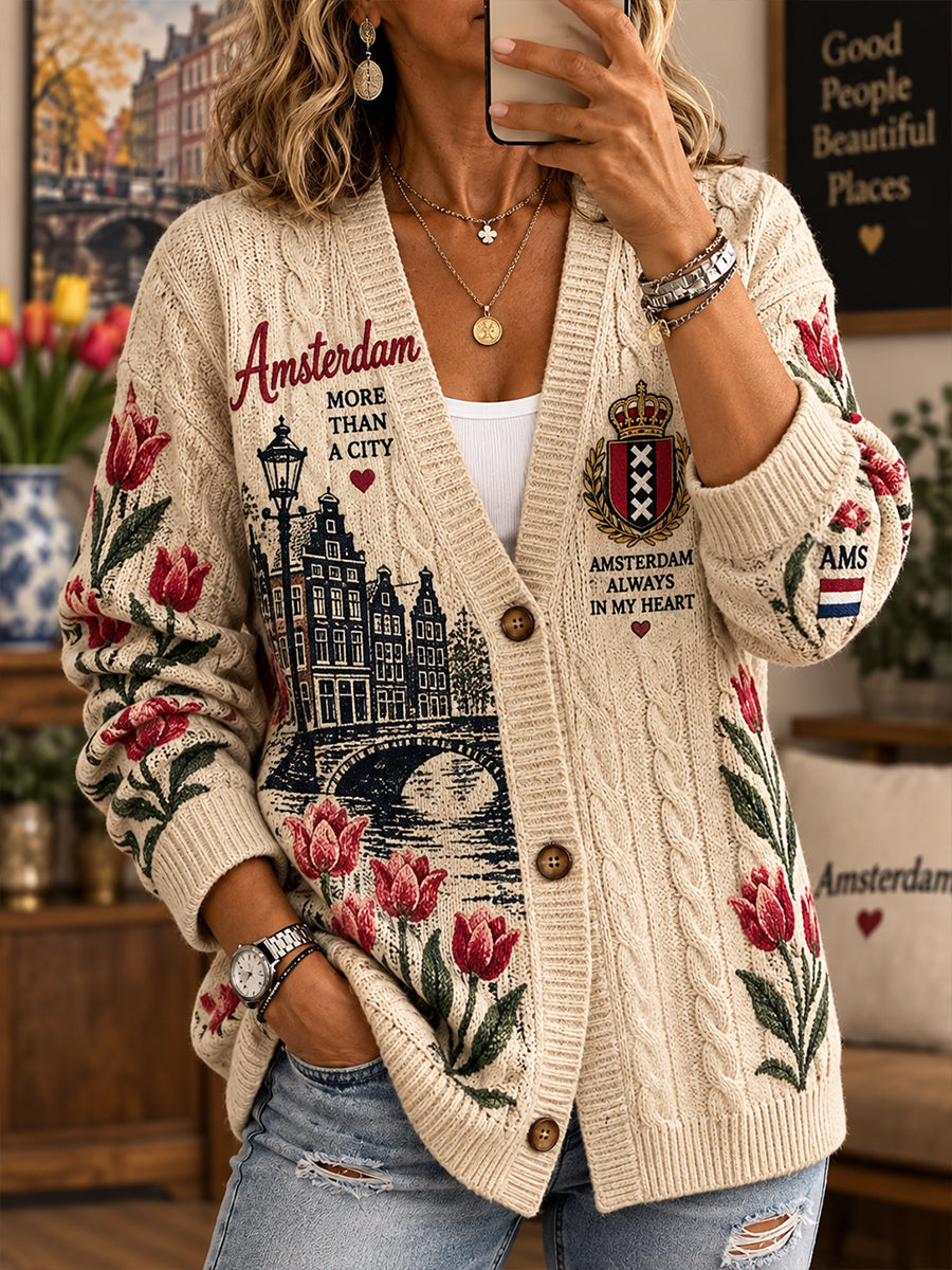 Dames gebreide vest met bloemen herdenkingsopdruk
