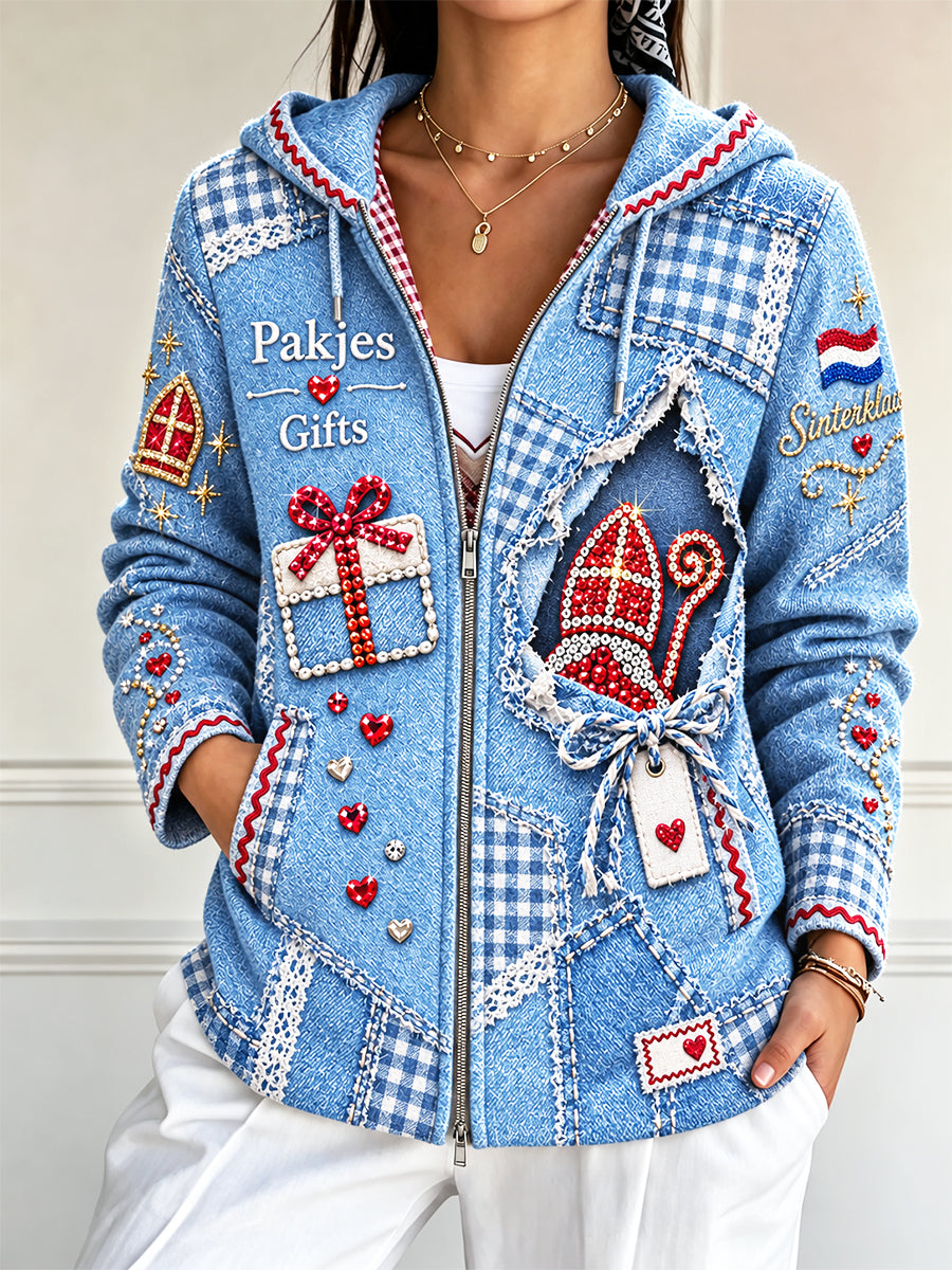 Blauwe casual damesjas met capuchon, patchworkprint en thema Sinterklaas