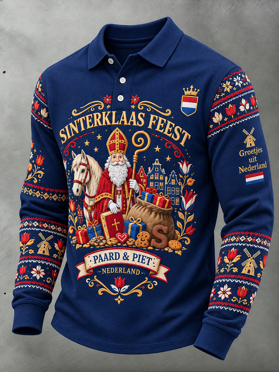 Herenpoloshirt met lange mouwen en St. Nicholas Festival Graphic Print