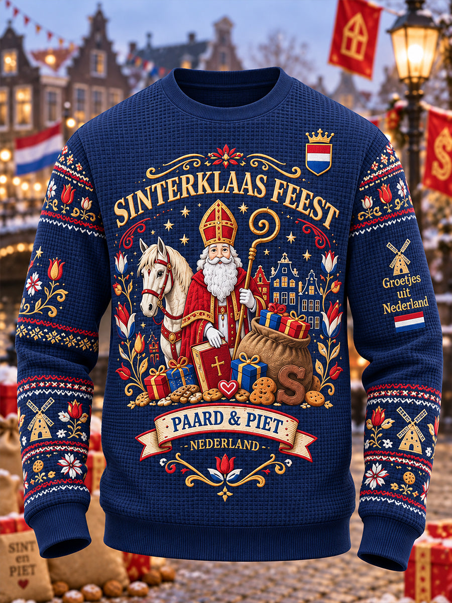 Herentop met grafische print en wafelstructuur, lange mouwen, voor Sinterklaas