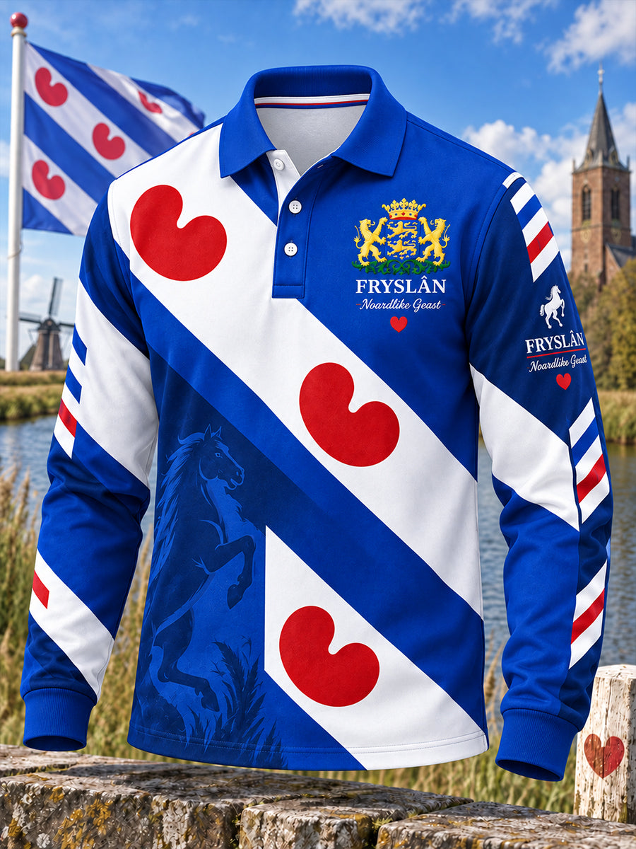 Herenpoloshirt met lange mouwen en stedelijke herdenkingsprint