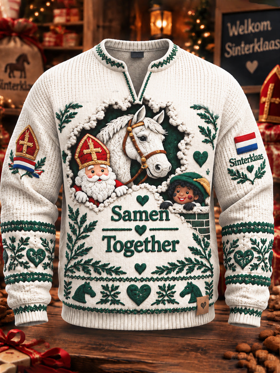 Wit casual V-hals sweatshirt voor heren met Nederlandse St Nicholas Day-print