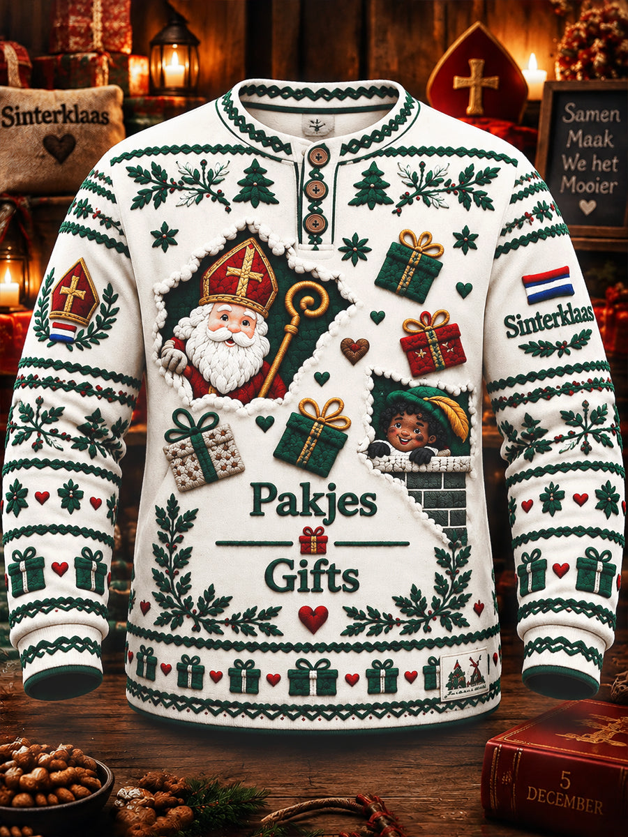 Heren witte Nederlandse sinterklaas dag print casual henley-hals sweatshirt
