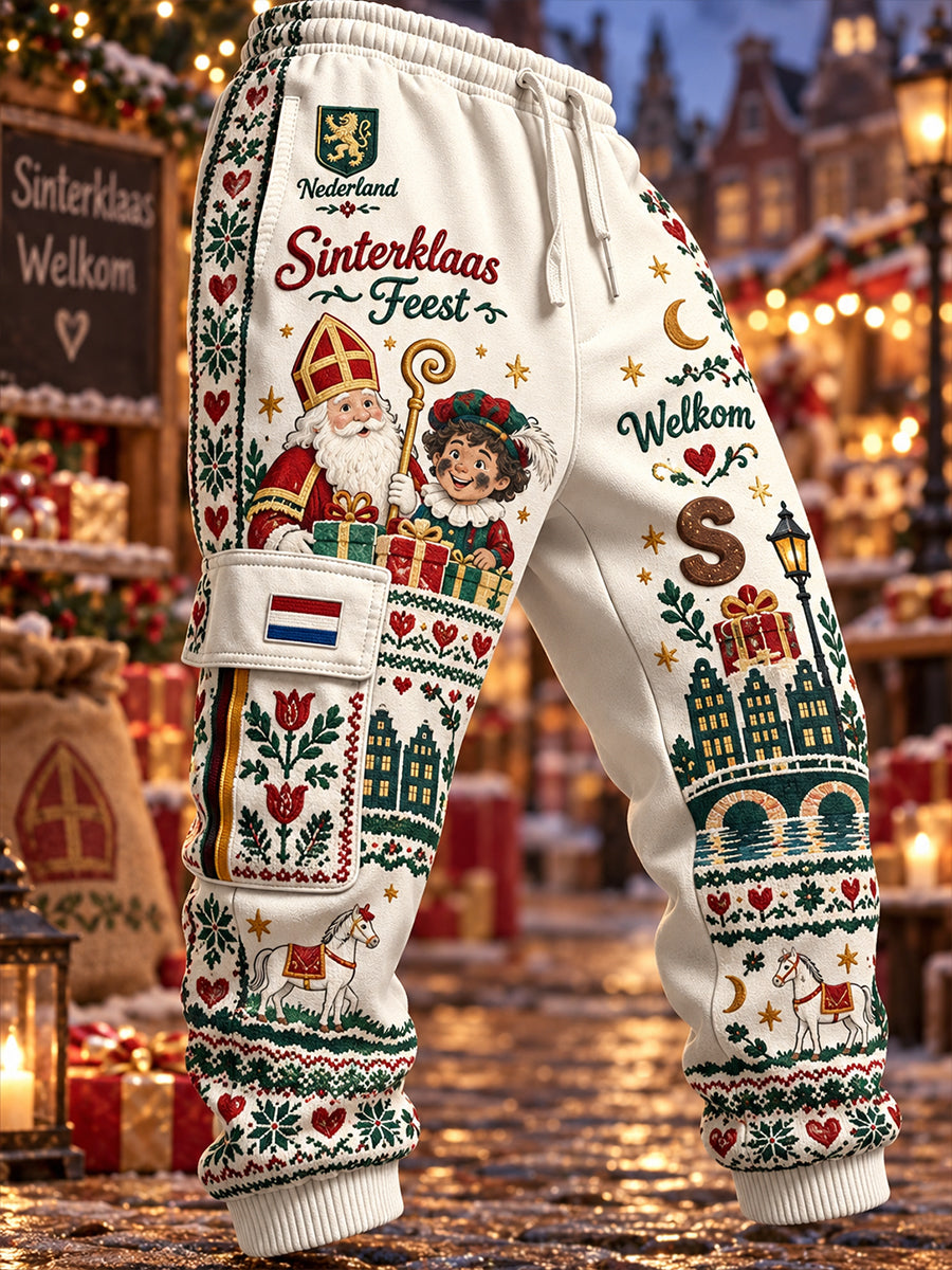 Herenshirt met grafische print voor het Sint-Nicolaasfeest, lange cargobroek