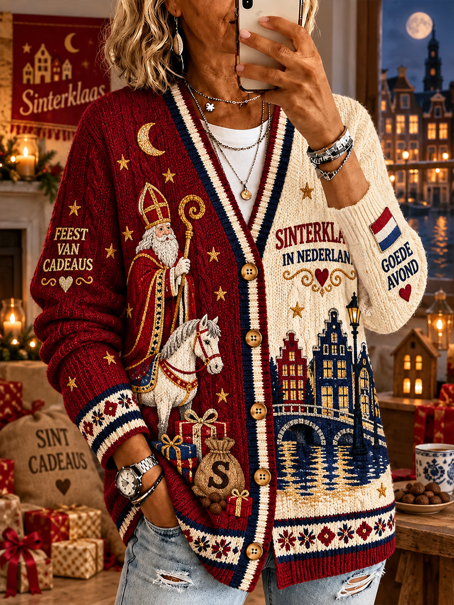 Gebreide vest voor dames met Sint-Nicolaasthema en print