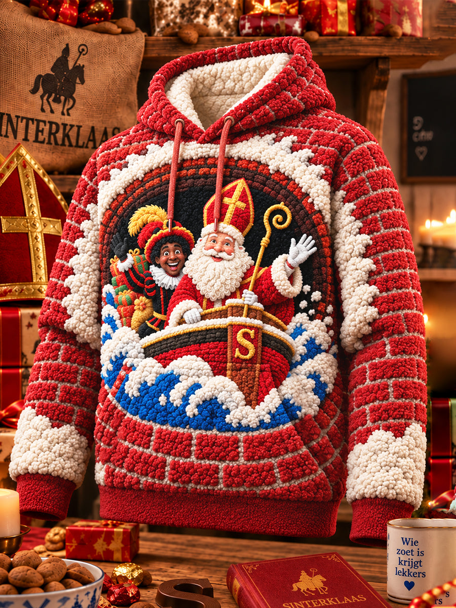 Heren Rood Nederlands Sinterklaasdagprint Casual fleece-Sweatshirt met capuchon