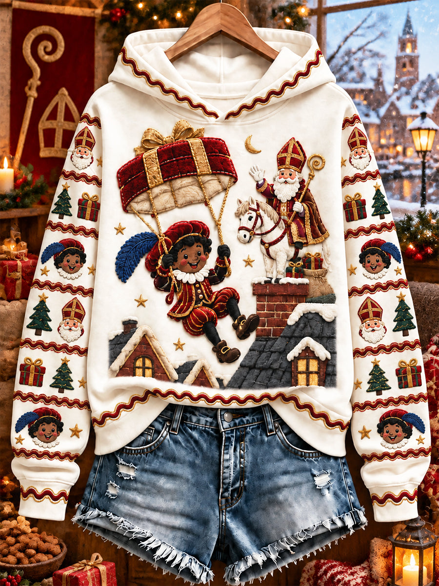 Dames witte Nederlandse sinterklaasdag print casual sweatshirt met capuchon