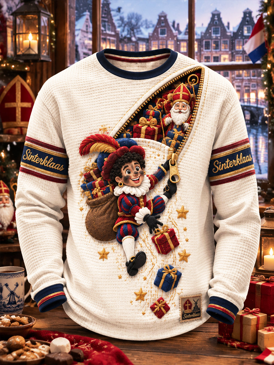 Beige Nederlandse sinterklaasopdruk voor heren, casual T-shirt met lange mouwen