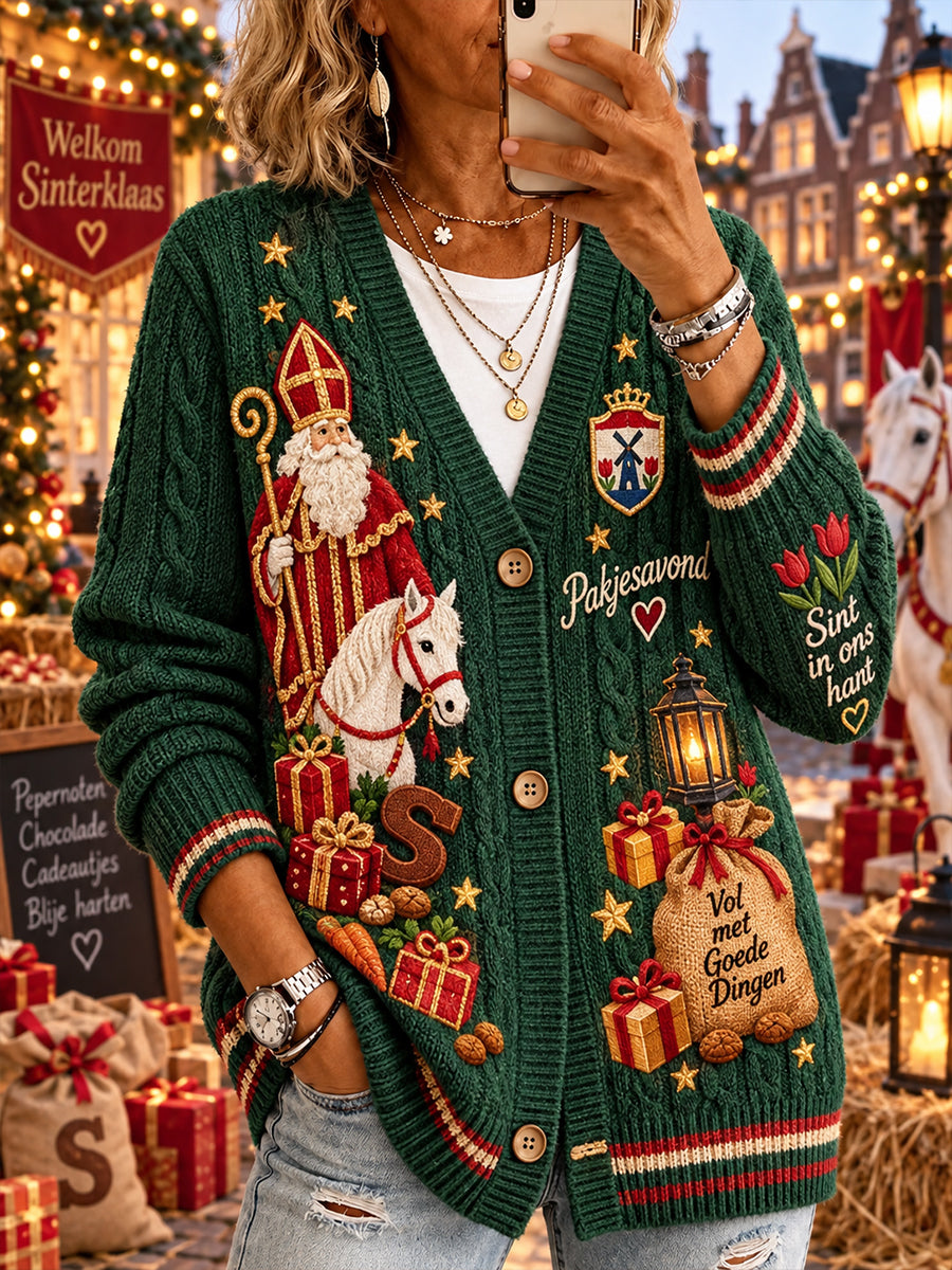 Gebreide vest voor dames met Sint-Nicolaasthema en print