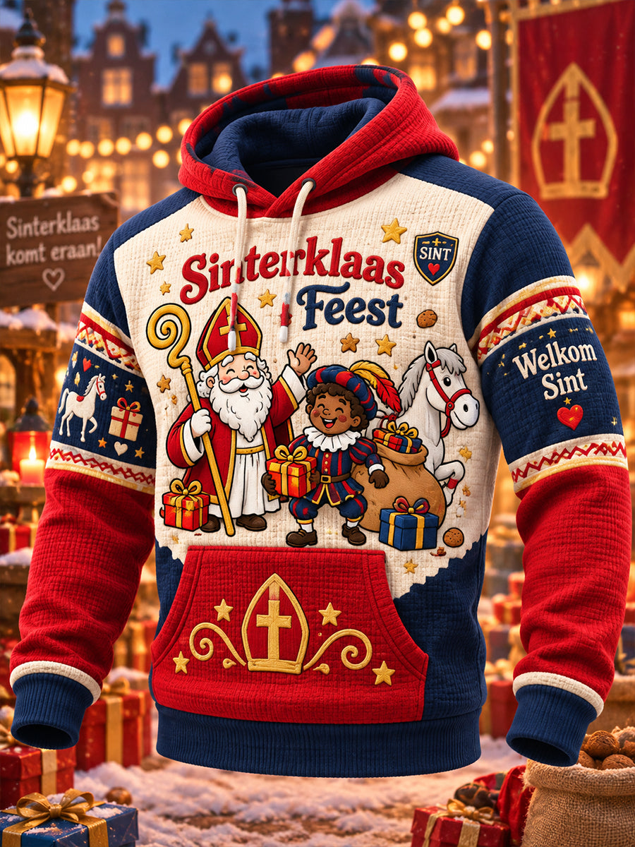 Herenhoodie met grafische print voor Sint Nicolaasdag, gewafeld gebreid