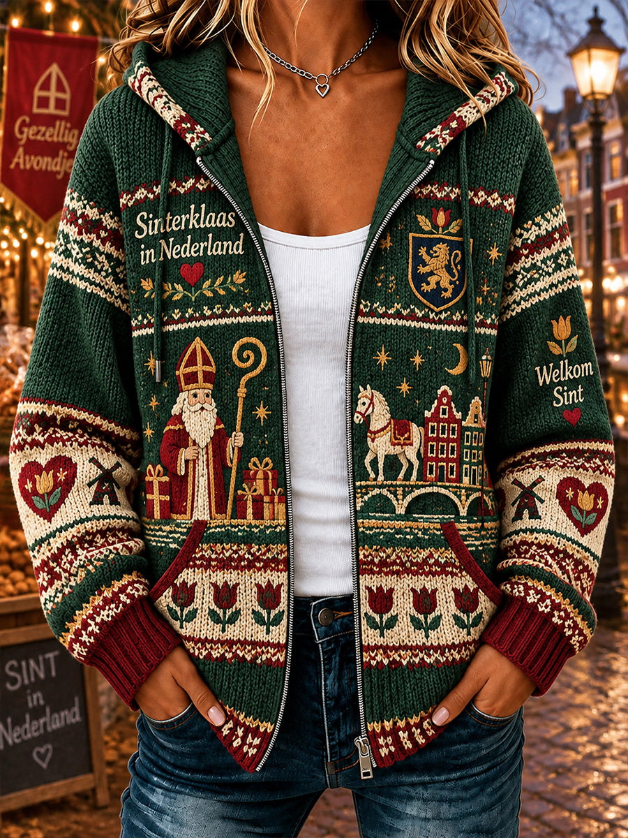 Gebreide hoodie voor dames met Sint-Nicolaasthema en print