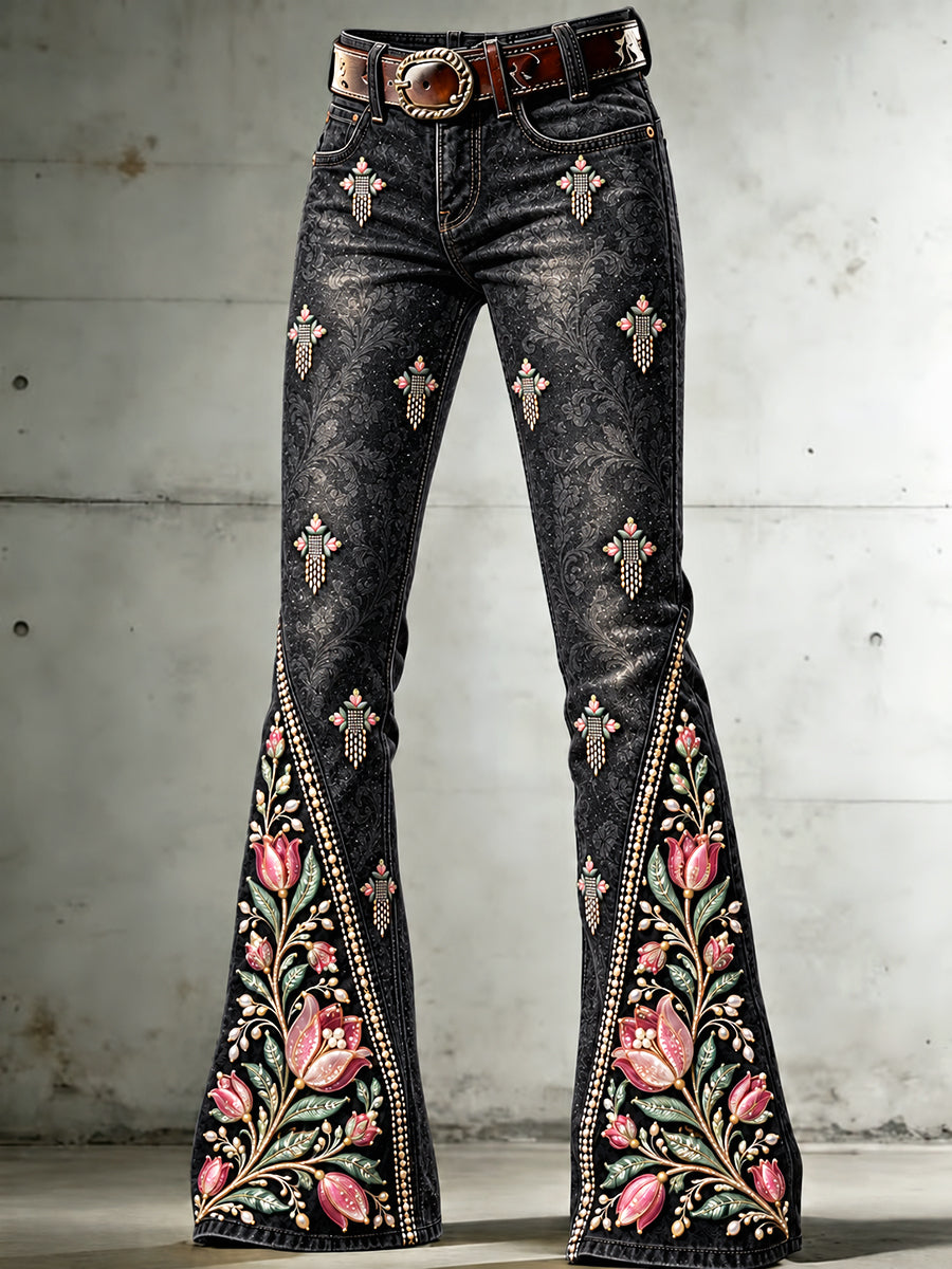 Dames tulp gebloemde print casual zwart uitlopende broek