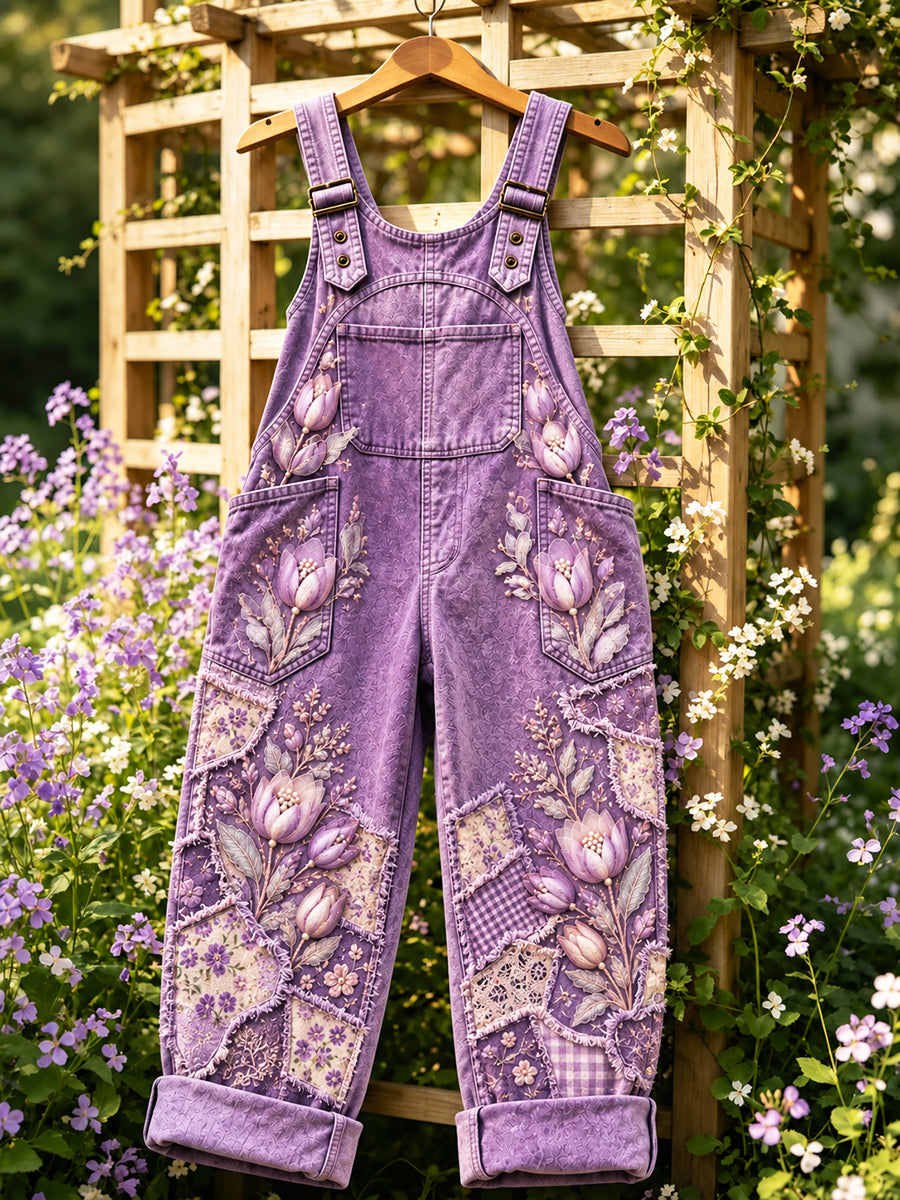 Paarse tulp patchwork print casual tuinbroek voor dames