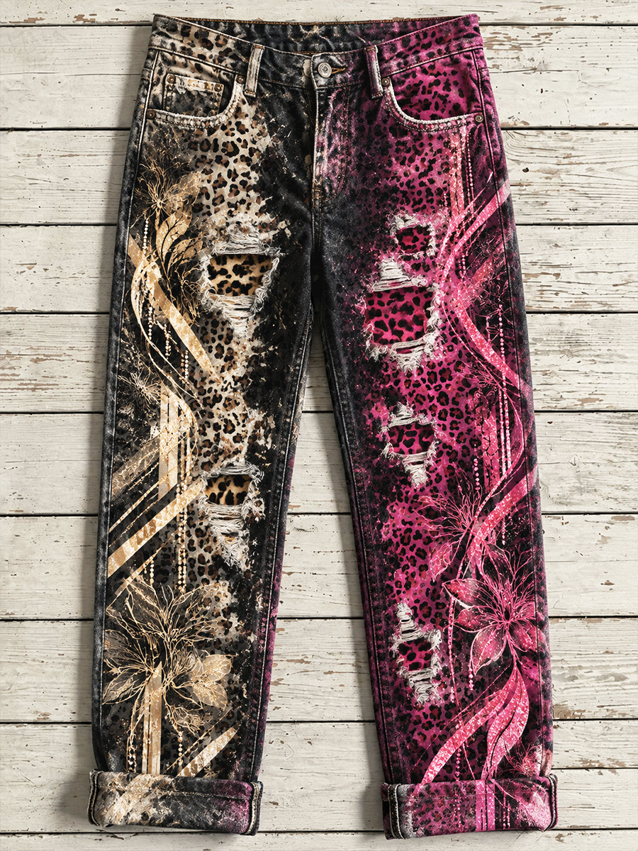 Casual broeken met gebloemde luipaardprint voor dames