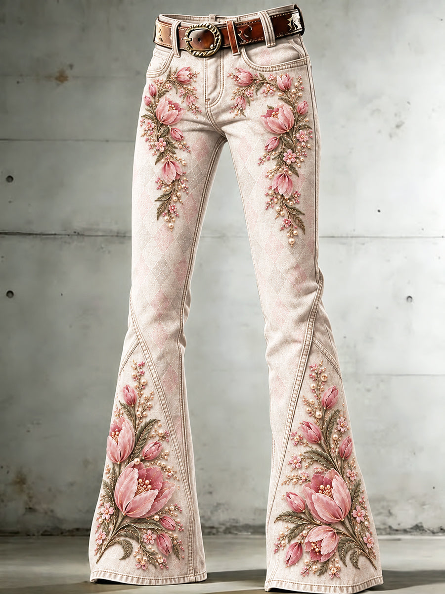 Licht beige dames tulpenprint casual uitlopende broek
