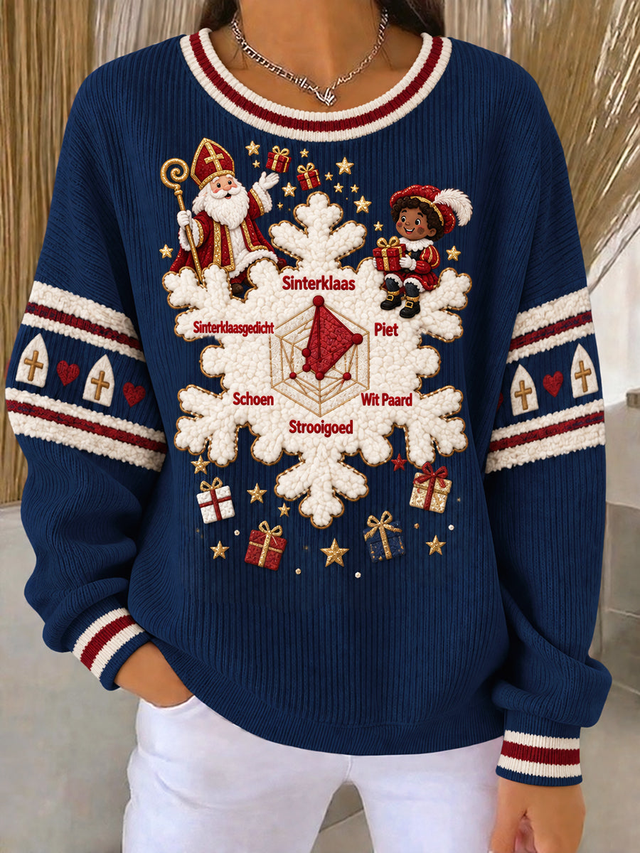 Donkerblauw casual sweatshirt voor dames met Sinterklaasprint