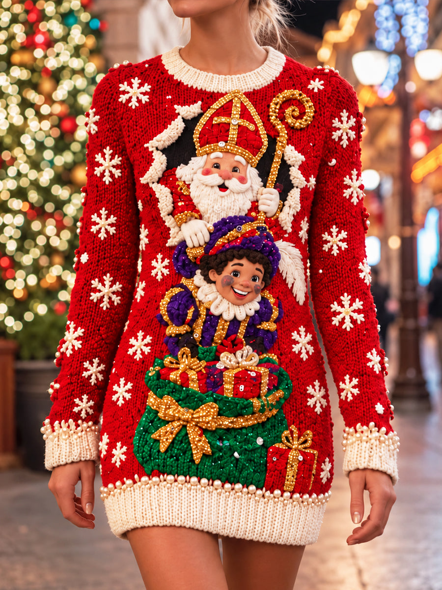 Damesjurk van gebreid materiaal met Sinterklaasprint, casual stijl