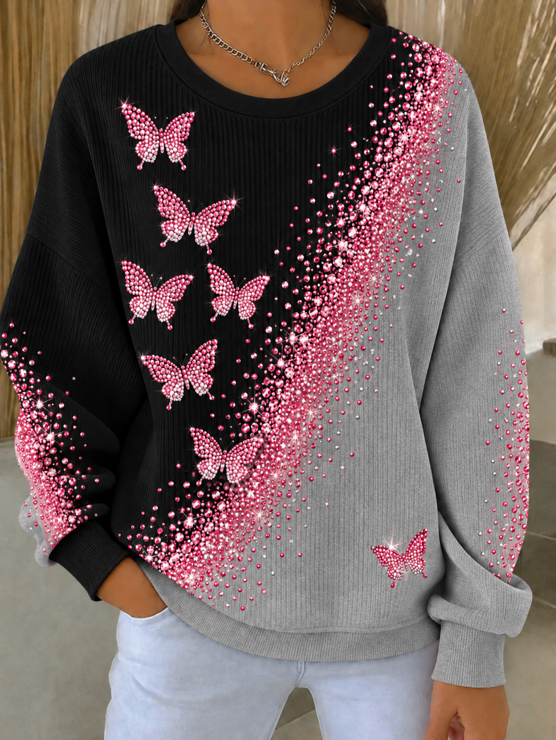 Borstkanker geribbelde sweatshirt met ronde hals voor dames
