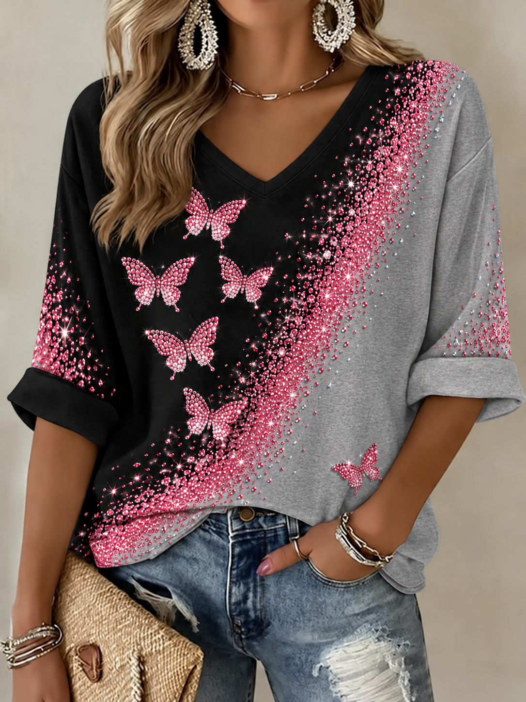 Borstkanker halflange mouwen V-hals T-shirt voor dames