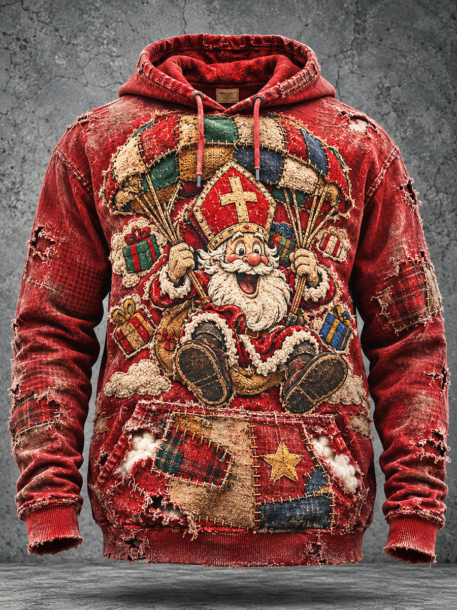 Heren Retro Rood Nederlands Sinterklaasdag Patchwork Print Casual Sweatshirt met capuchon