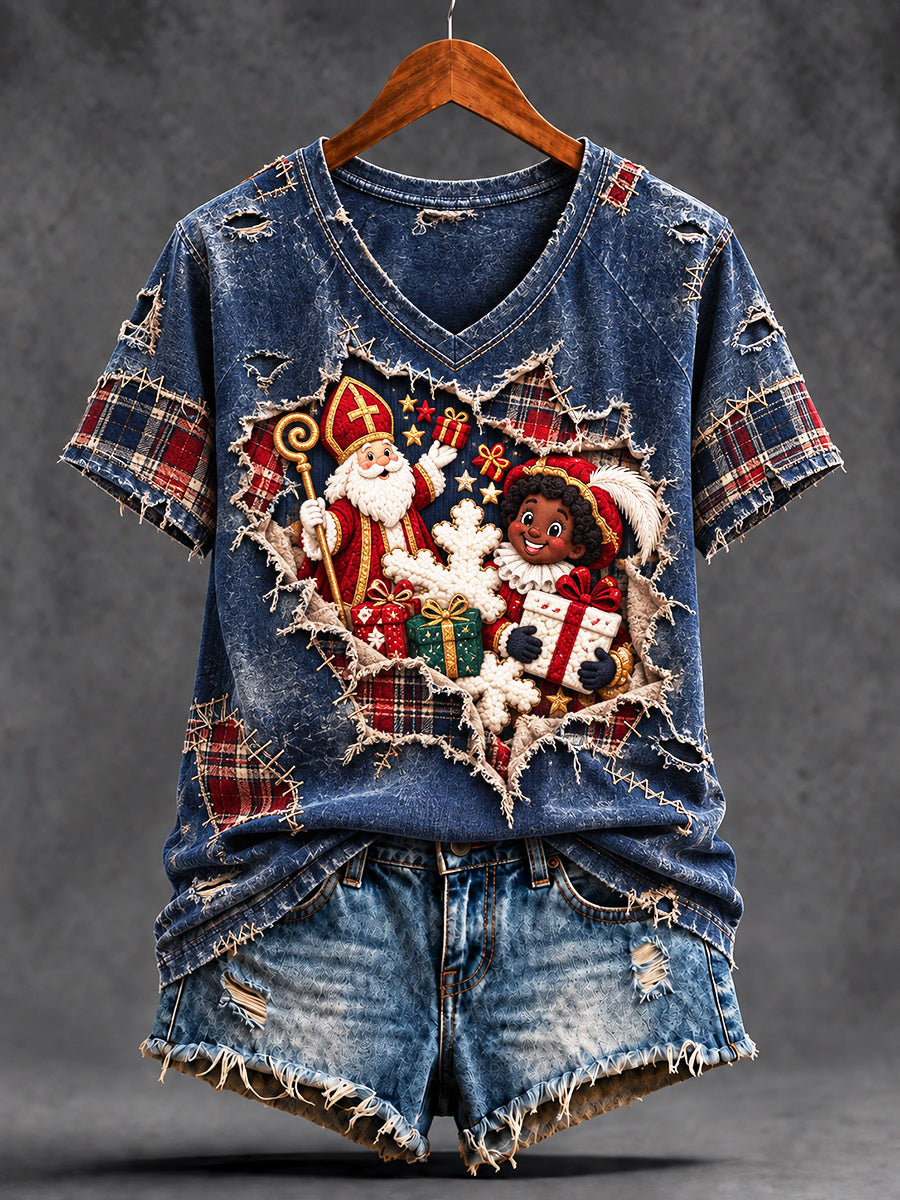 Retro blauw voor dames Nederlandse sinterklaasdag print casual T-shirt met V-hals