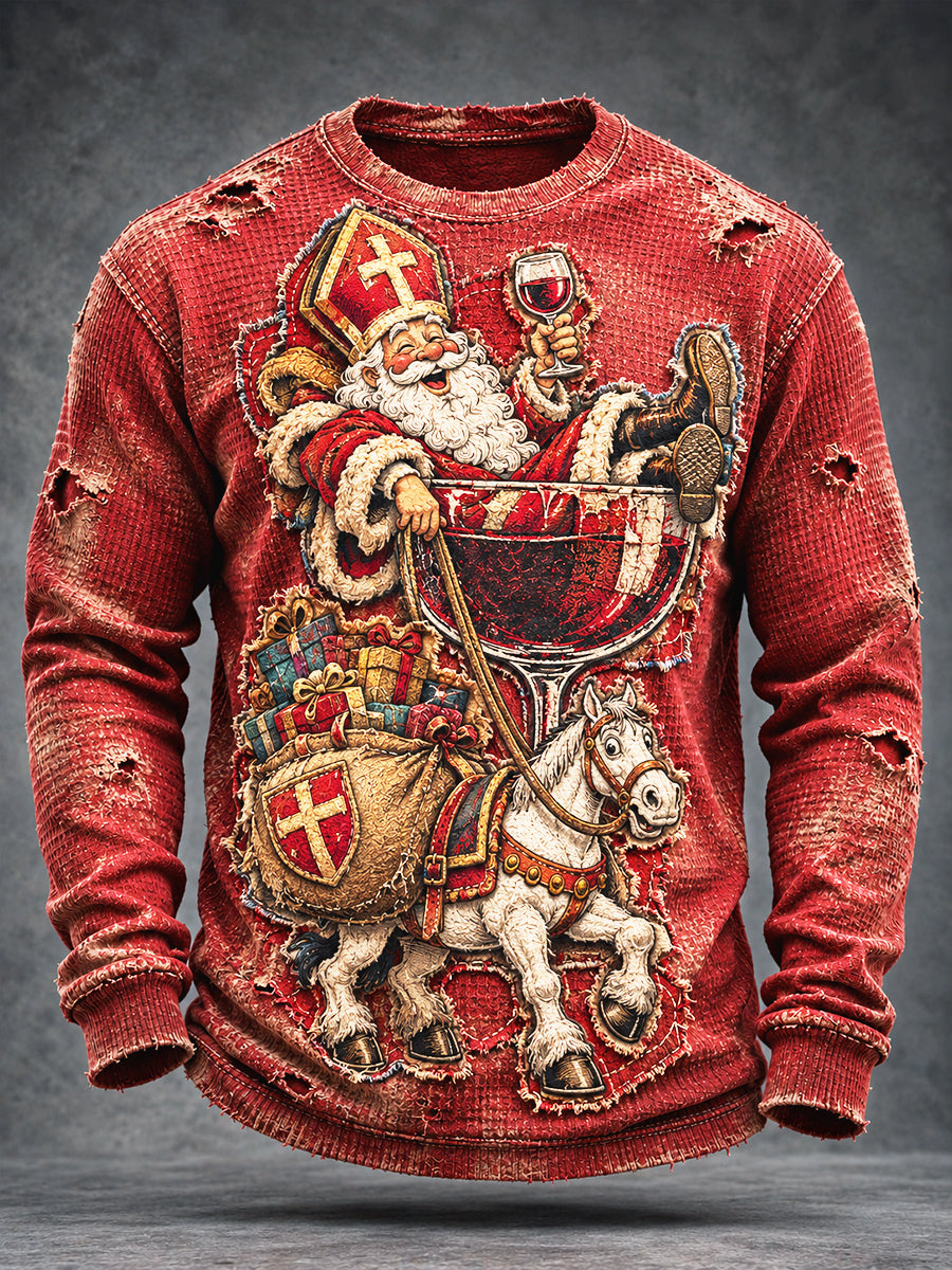 Heren Retro Rood Nederlands Sint-Nicolaasdag verstoorde print casual T-shirt met lange mouwen