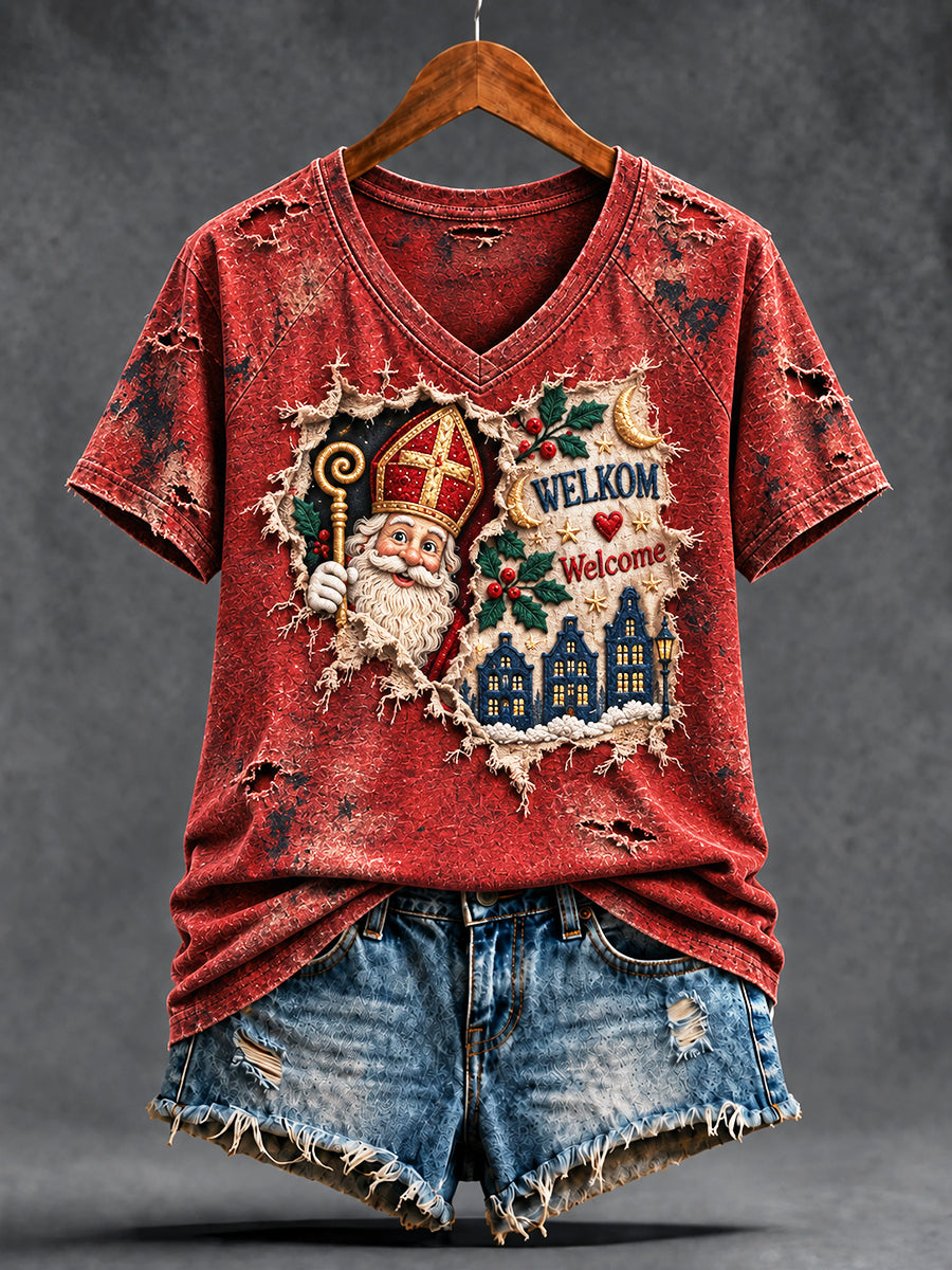 Dames Retro Nederlandse Sint-Nicolaasdag verstoorde print casual V-hals T-shirt