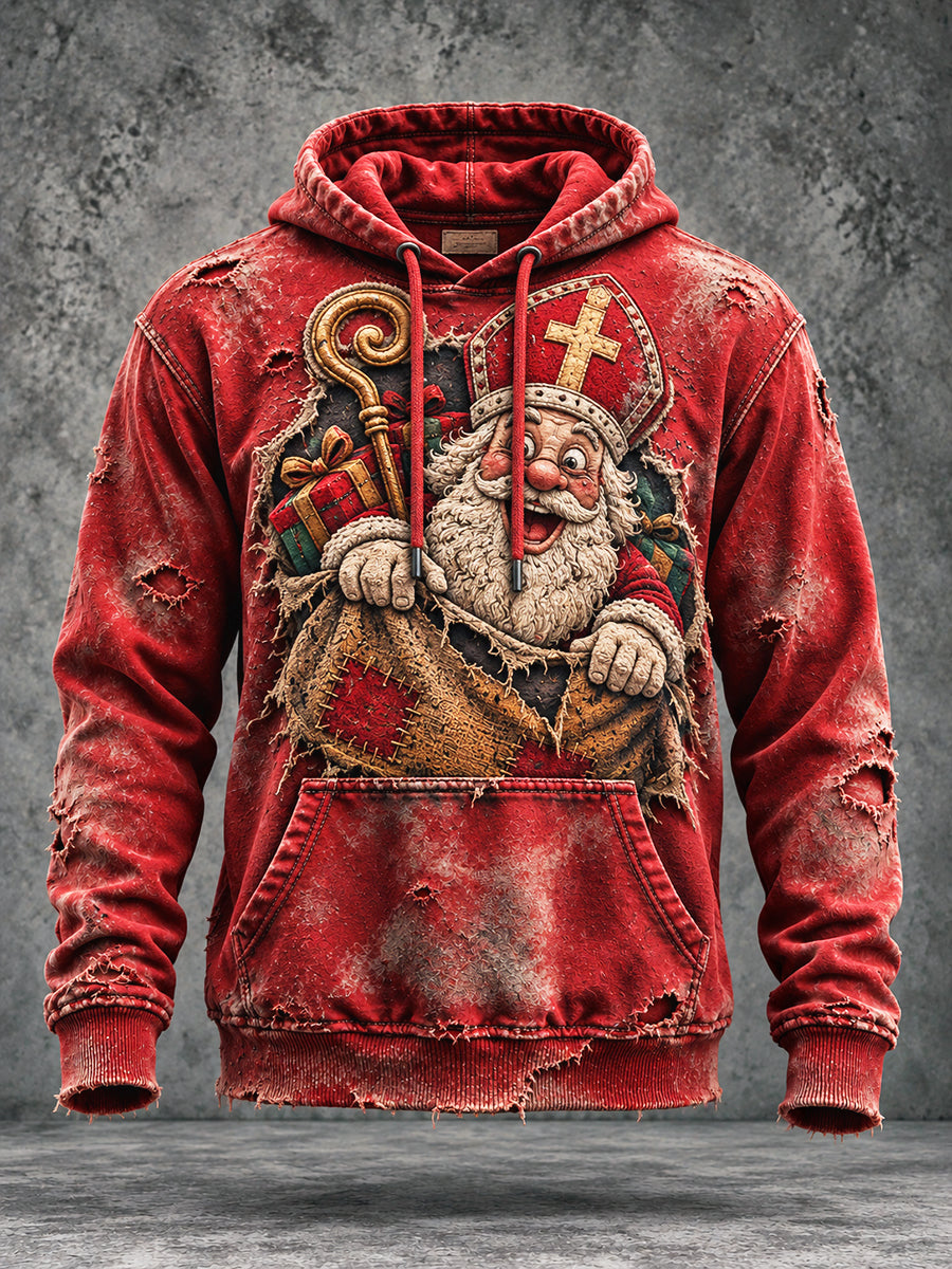 Heren Vintage Rood Nederlands St. Nicholas Day Noodstressed Print Casual Sweatshirt met capuchon