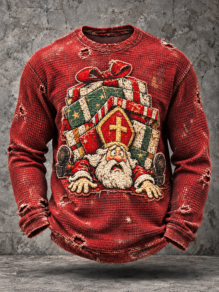 Heren Retro Rood Nederlandse sinterklaasdag print casual T-shirt met lange mouwen
