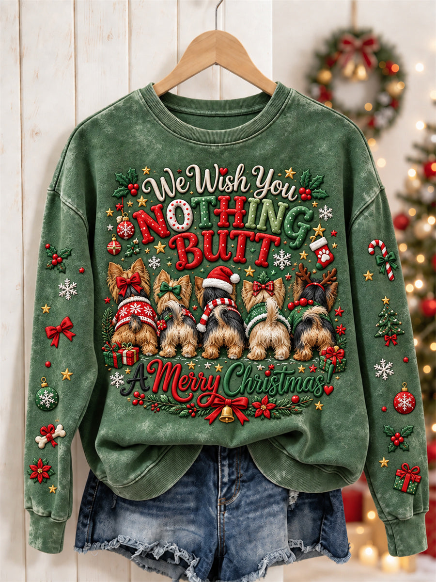 Damesweeshemd met de tekst 'We Wish You Nothing But a Merry Christmas' en een print van yorkies