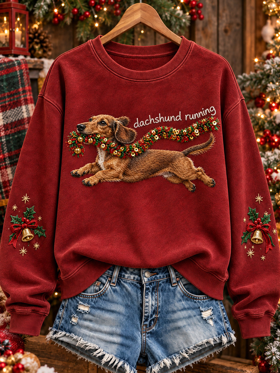 Damesmooi sweatshirt met kerstdachshondprint voor hardlopen