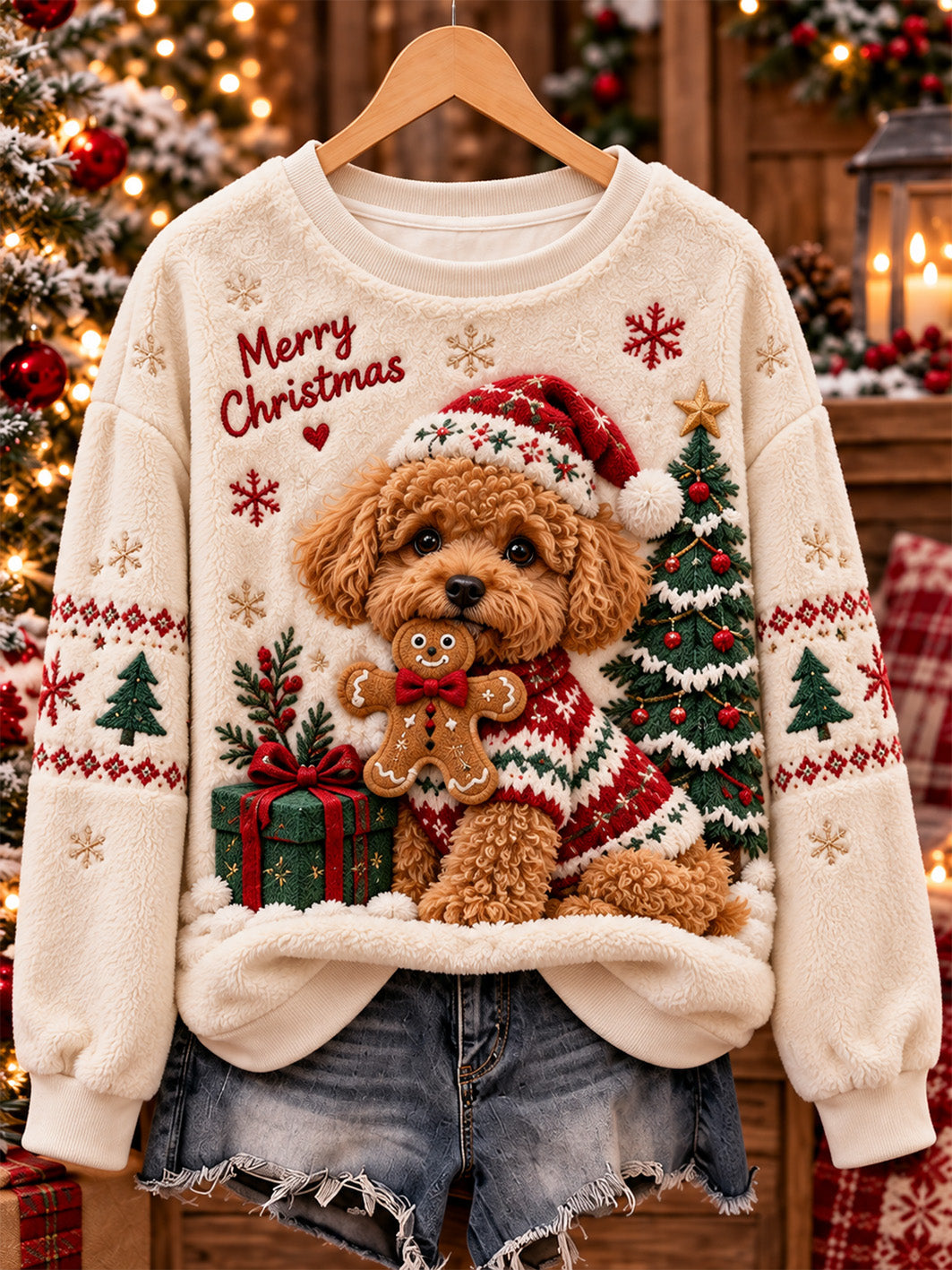 Vrouwenkersttrui met hondenpatroon, casual flanellen sweater