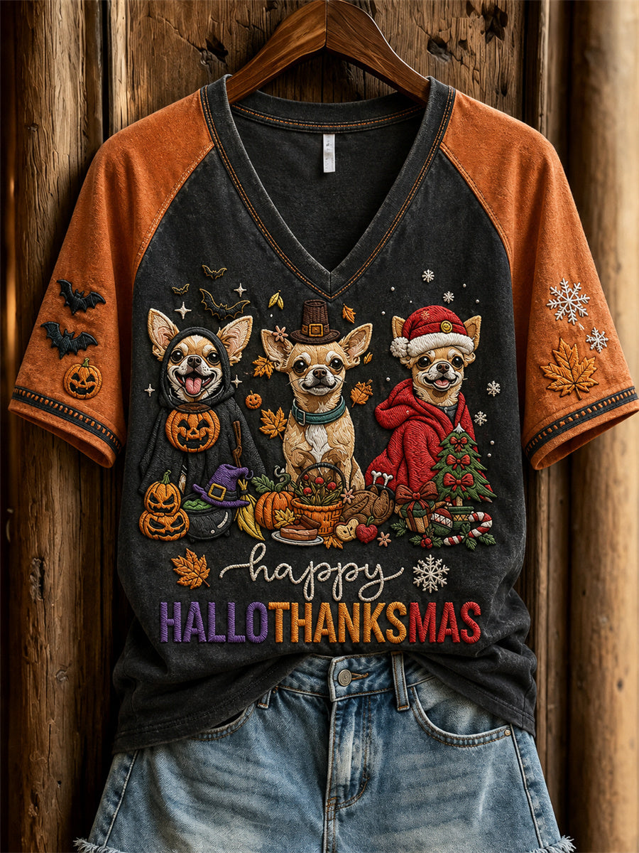 Happy Hallothanksmas vakantieseizoen dames honden print sweatshirt