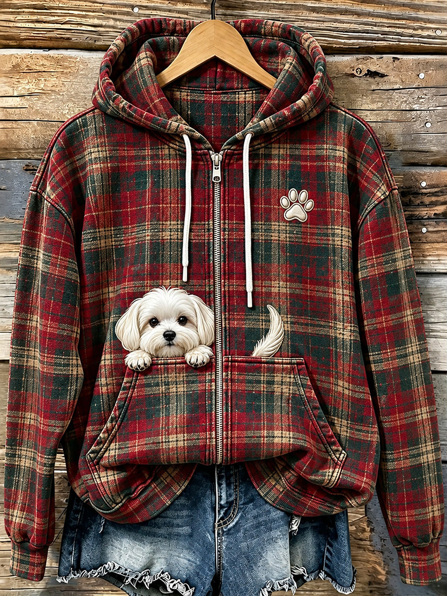 Schattige griezelige Maltese kerst geruite print zip-up hoodie