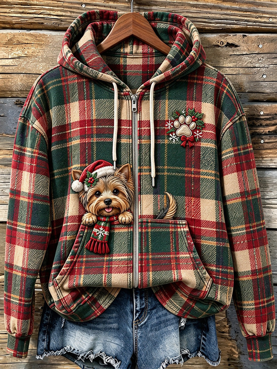 Dames schattige griezelige Yorkshire Terrier kerst geruite print zip-up hoodie