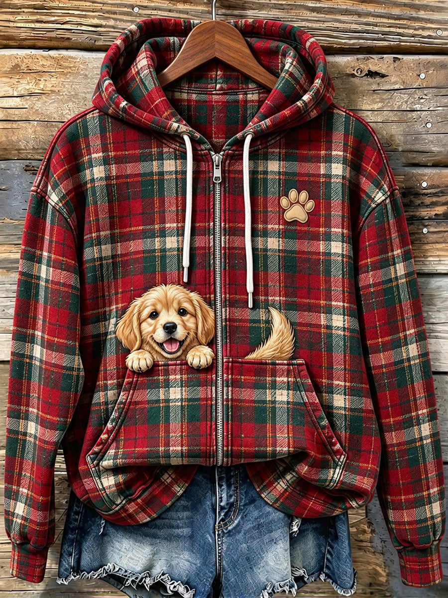 Dames schattige griezelige gouden retriever kerst plaid print zip-up hoodie