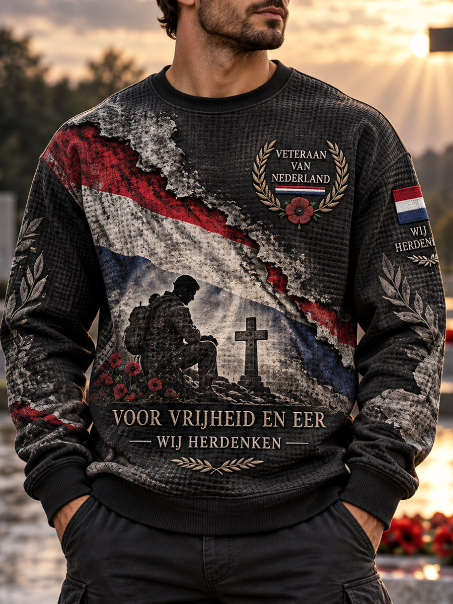 Herenherdenkingsdag wafelgebreide top met lange mouwen