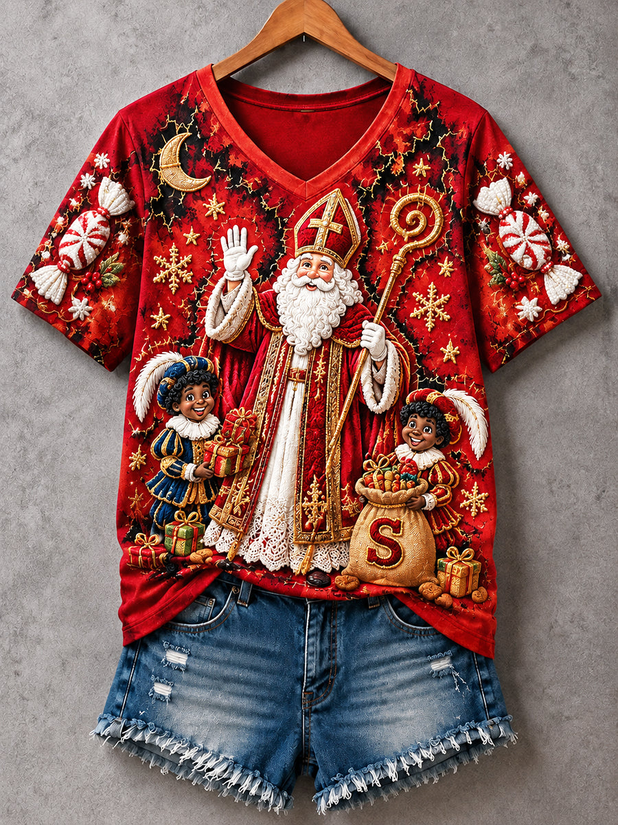 Dames Nederlandse St. Nicholas Day print casual T-shirt met V-hals