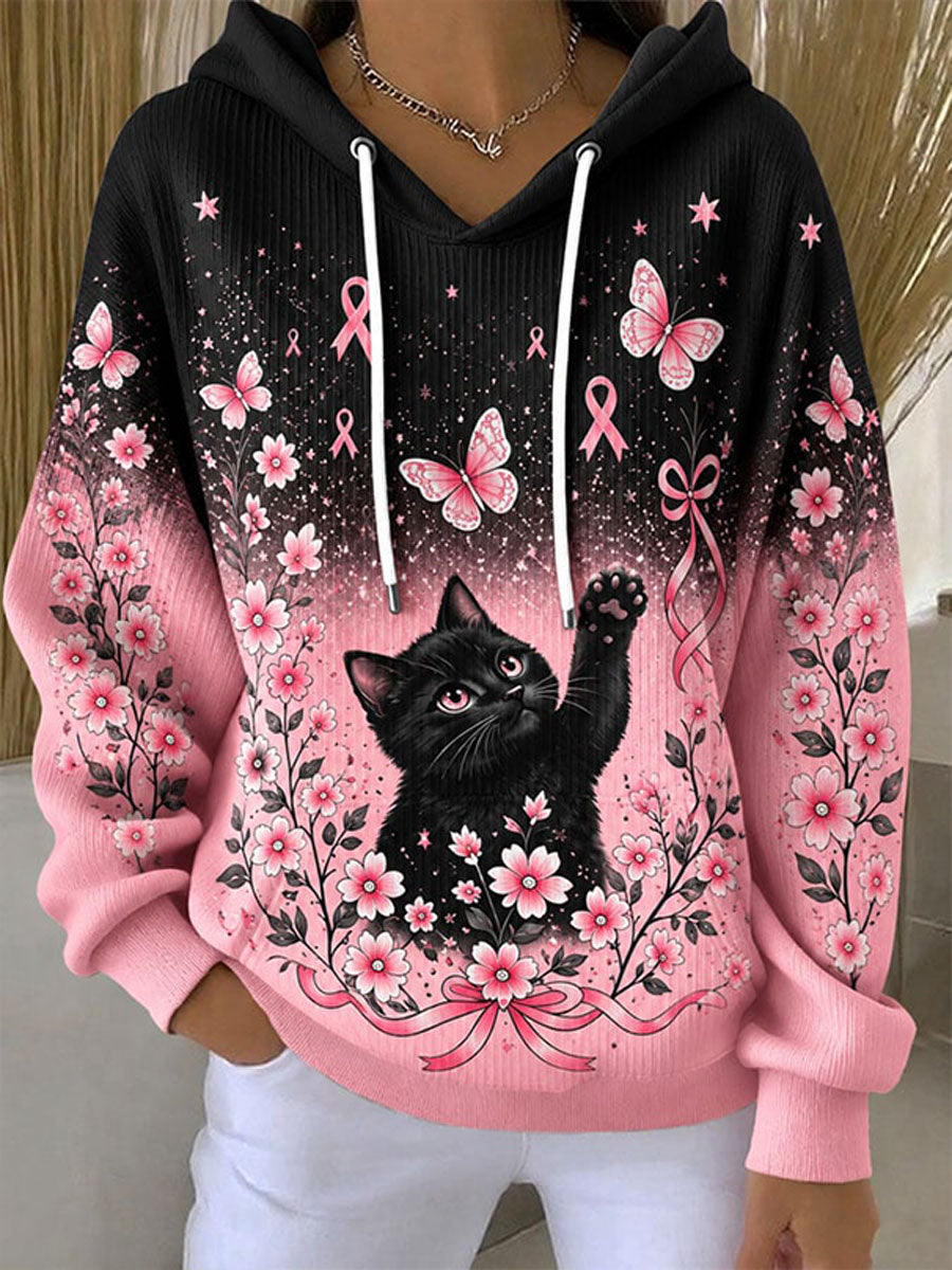 Casual hoodie met kattenprint voor borstkankerbewustwording bij vrouwen