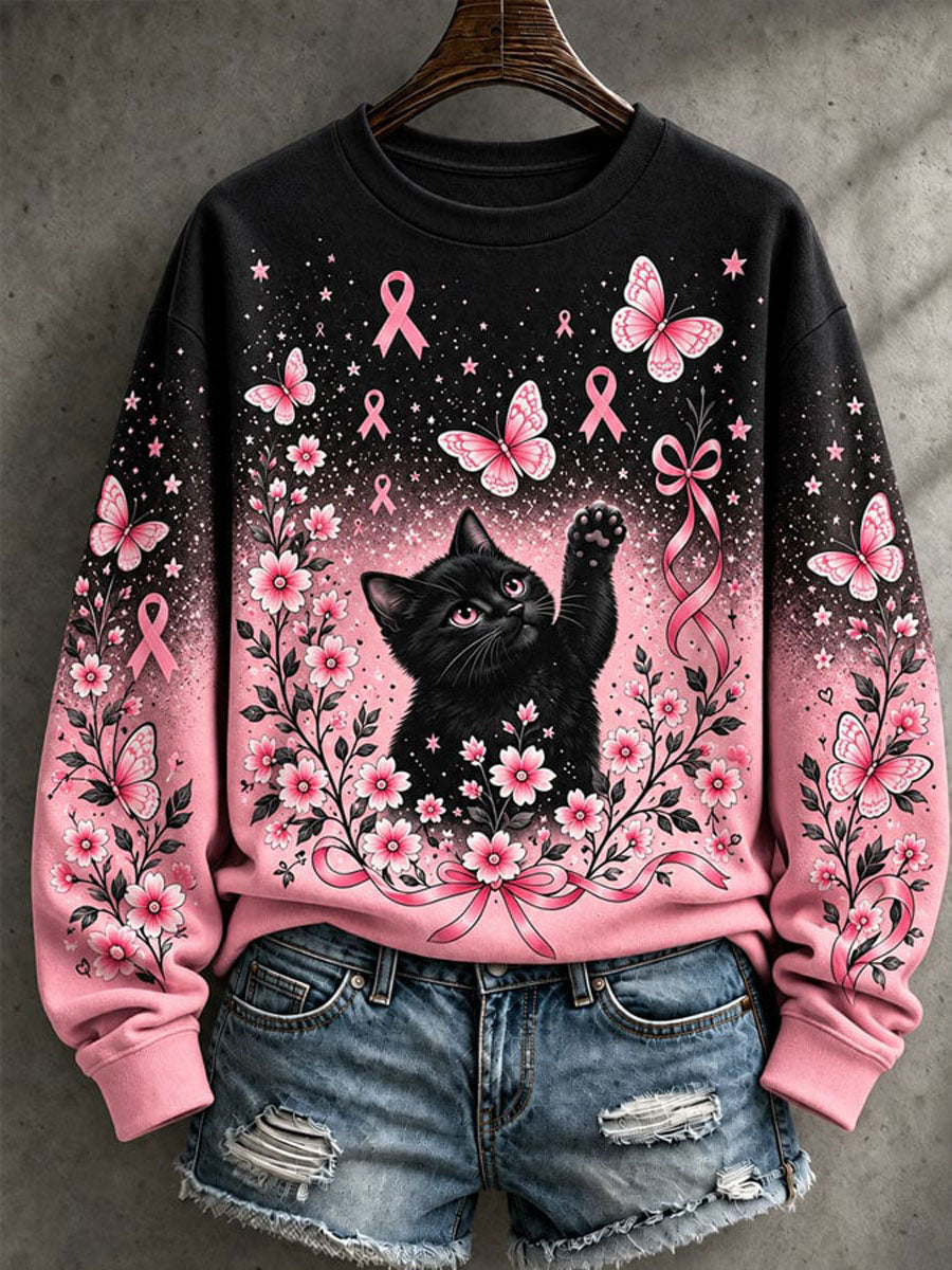 Dames borstkanker bewustzijn kat print casual sweatshirt