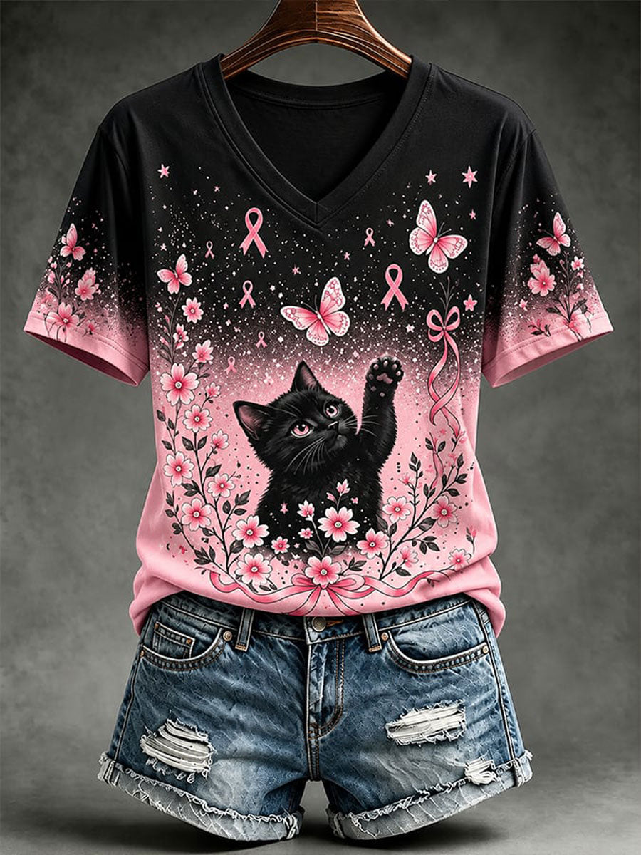 Vrouwen T-shirt met kattenprint voor borstkankerbewustzijn, casual stijl