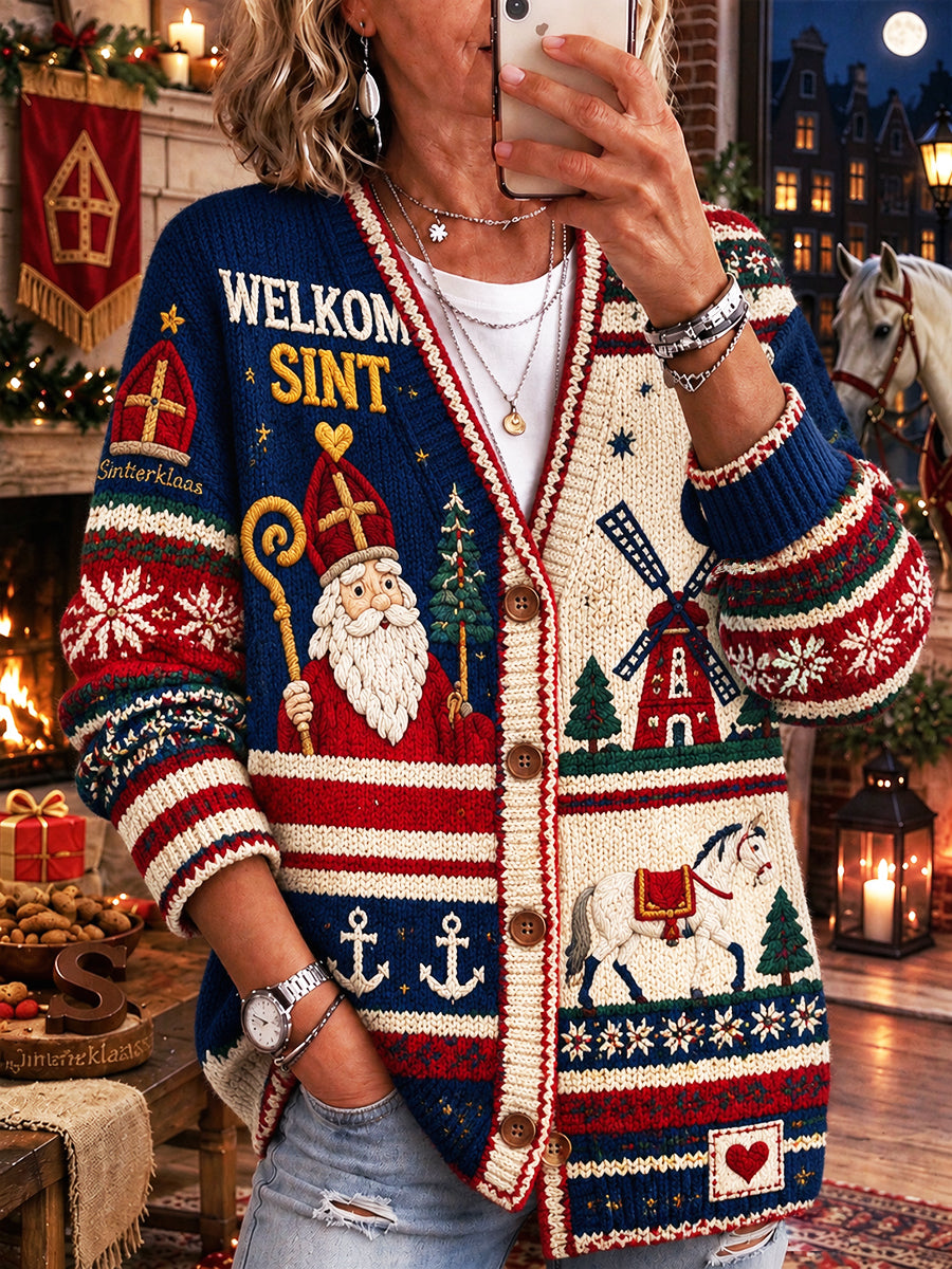 Dames Nederlandse Sinterklaasdag Fun Print Casual V-hals Cardigan