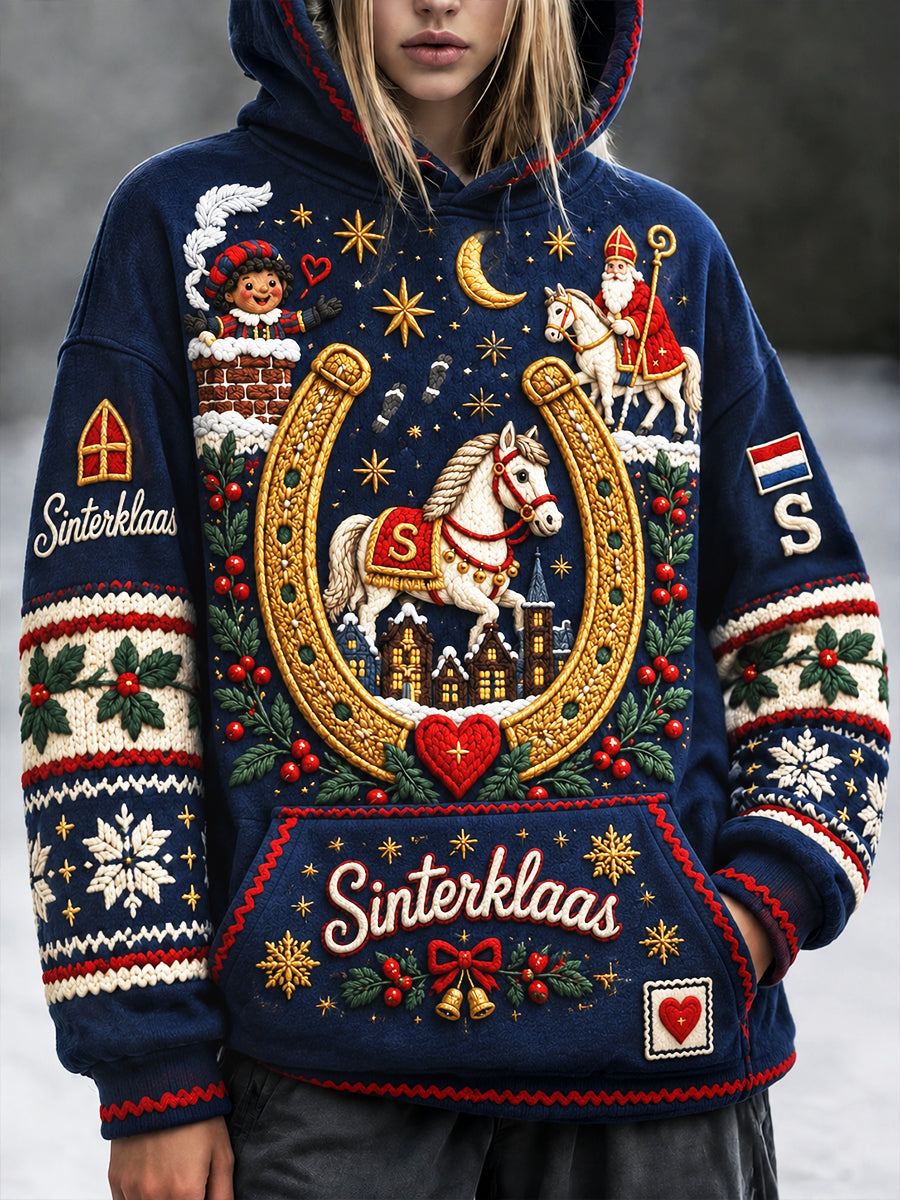 Donkerblauw Nederlandse sinterklaasdag print casual sweatshirt met capuchon