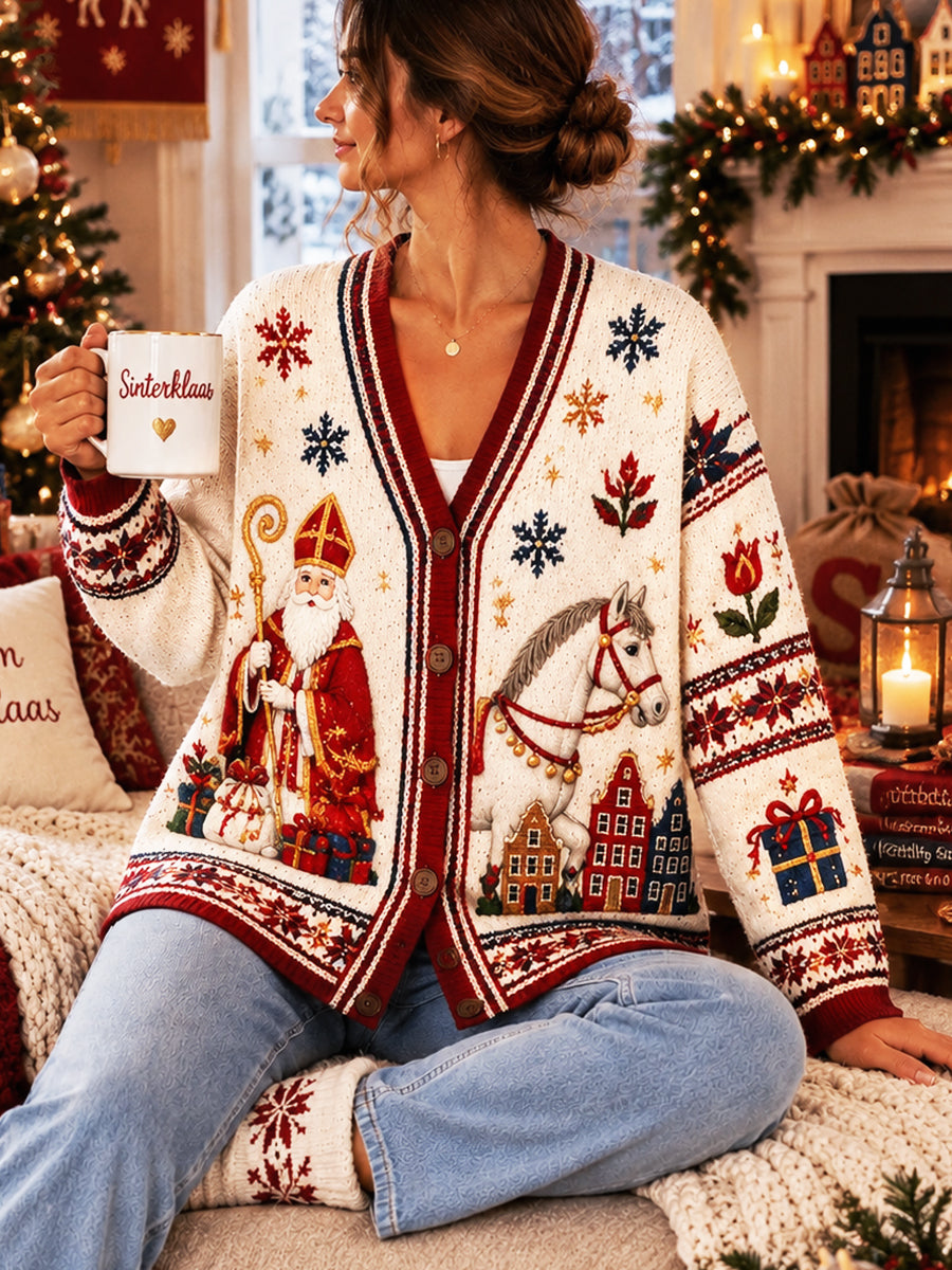 Gebroken witte Nederlandse Sint-Nicolaasdag sneeuwvlokprint casual vest met V-hals voor dames