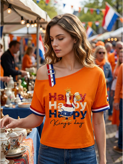 Dames Vintage Nederlandse Koningsdag Viering Casual T-shirt
