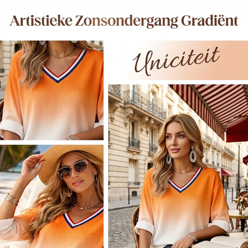 Dames King's Day-top met verloopprint en V-hals, casual styl