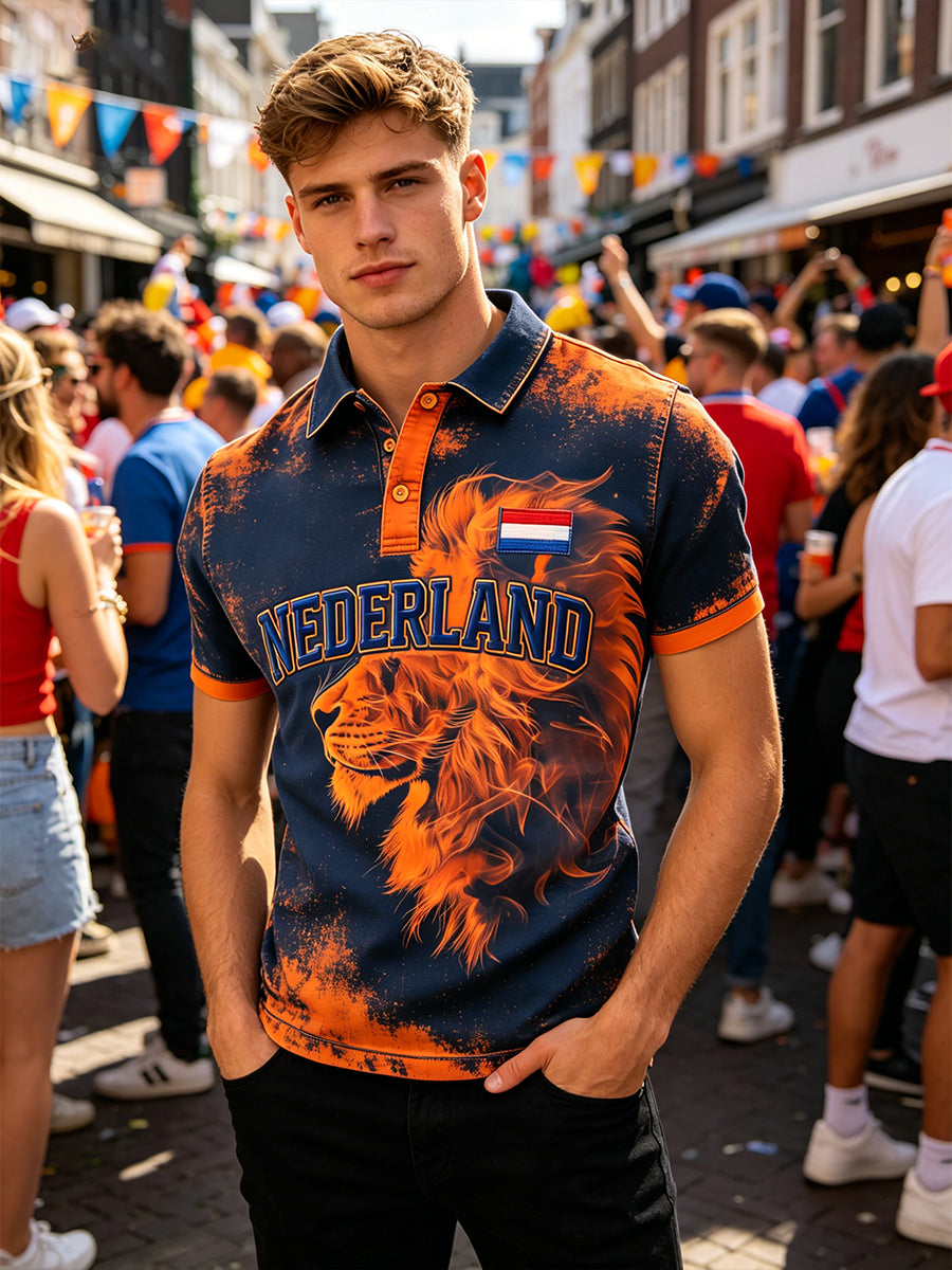 Herenpolo met korte mouwen en print met Koningsdag-thema