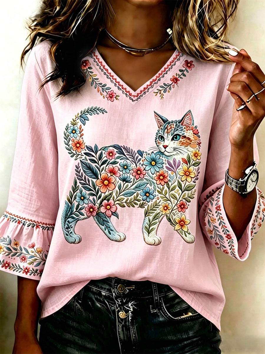 Damescasualtop met bloemen- en kattenprint
