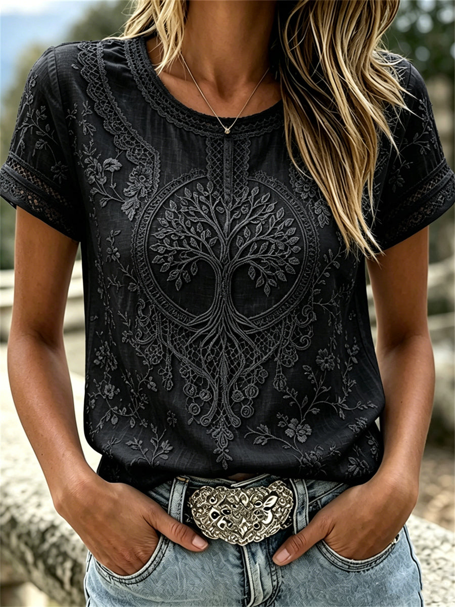 Dames Viking Levensboom Bloemenkant Lace Print linnen T-shirt met korte mouwen