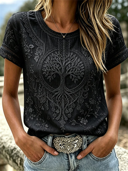 Dames Viking Levensboom Bloemenkant Lace Print linnen T-shirt met korte mouwen